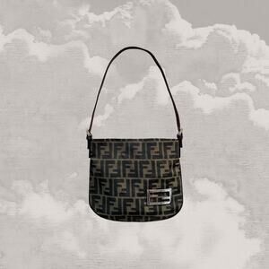 FENDI Zucca Mini Shoulder Bag canvas baguette Logo Brown Silver Y2K Slouch
